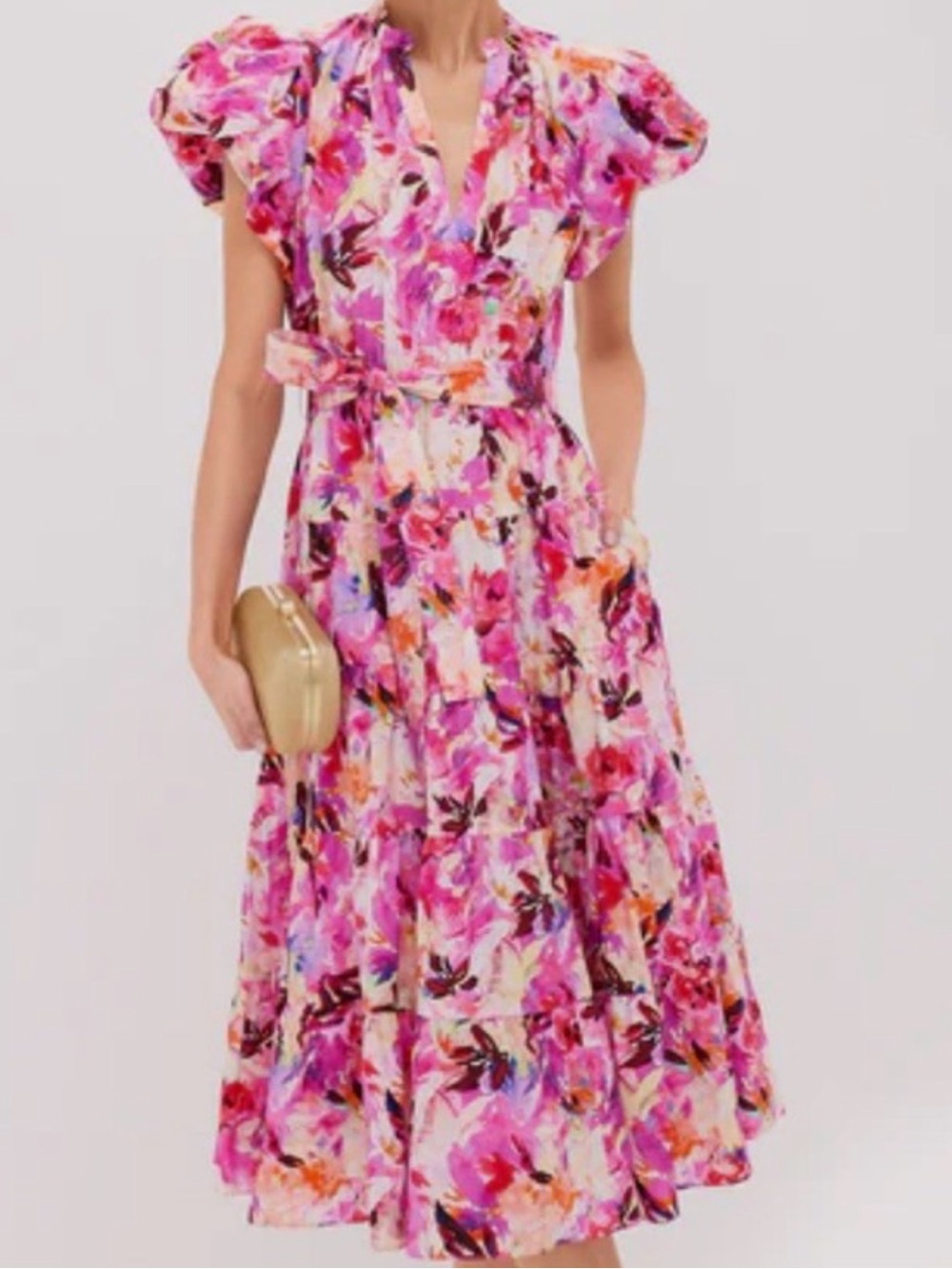 ULLA JOHNSON Ottilie Midi Dress Watercolor Abstract Floral Puff Sleeve Cotton 0